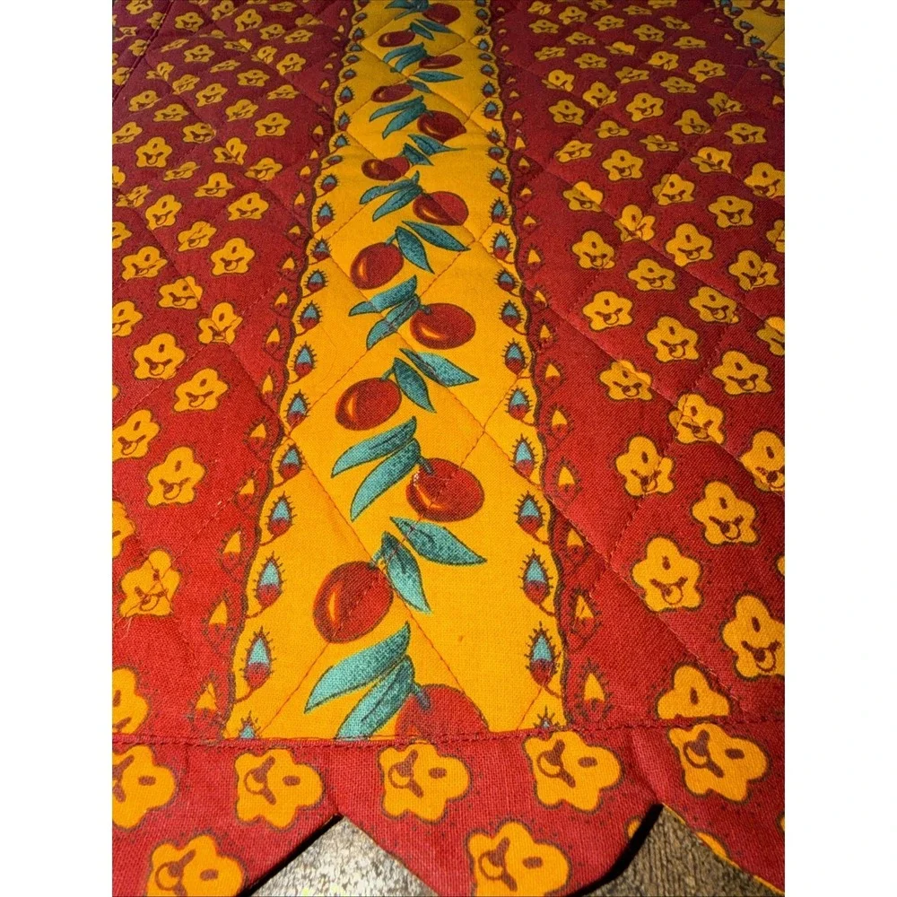 Quilted Table Runner 72x14 Cotton Indian Floral Red Yellow French Country